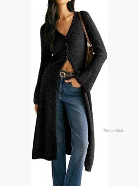 Long Sleeve V-Neck Button Front Maxi Cardigan Sweater Dress Casual Elegant